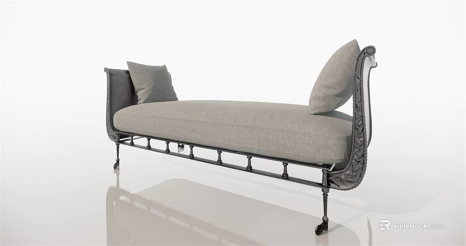 Elegant Modern Chaise Lounge With Gray Upholstery Metal Frame And Pillows 3d model 