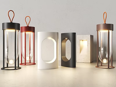 Outdoor Lights With Various Designs Including Black Red White Cylindrical And Square Handle Styles 3d model