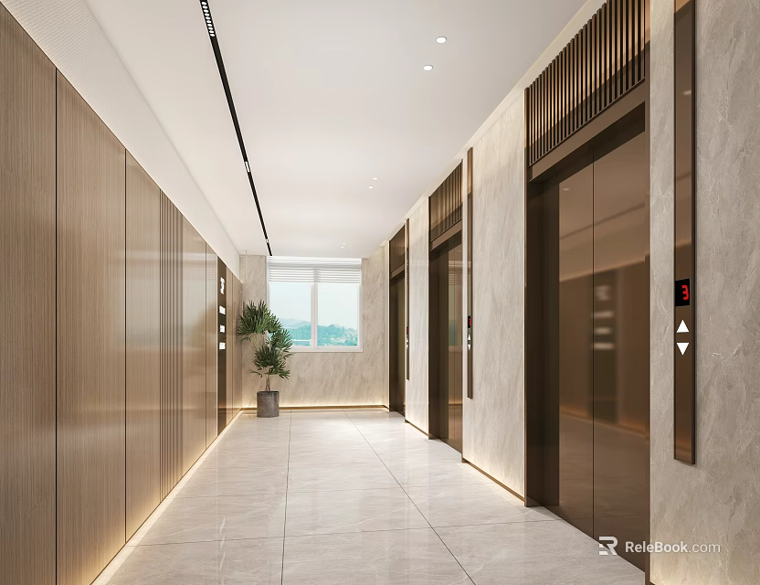 Modern Elevator Hallway Interior Design With Marble Floor Wooden Walls And Recessed Lighting 3d model 