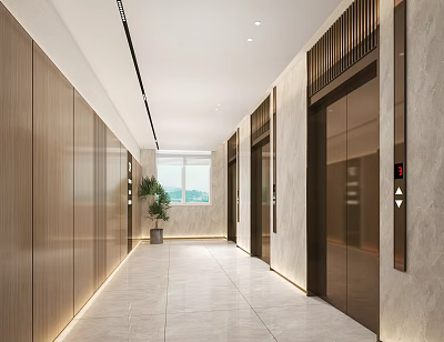 Modern Elevator Hallway Interior Design With Marble Floor Wooden Walls And Recessed Lighting 3d model