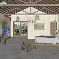 Hotel Guest Room With Wooden Ceiling Hanging Lights Bed Wooden Chair And Large Windows