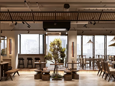 Modern Restaurant Interior With Wooden Roof Large Windows City View Green Plant And Wooden Furniture 3d model