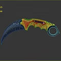 Karambit Tactical Weapon with Orange Red Textured Handle and Black Curved Blade 3d model