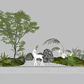 Garden Landscape With Tree White Deer Sculpture Stones Green Plants Moss And White Gravel Ground