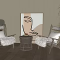 Modern Lounge Chairs With Fluffy Cushions And Wooden Frame In Living Room Abstract Face Artwork
