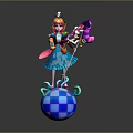 Colorful Haired Character In Blue Dress With Purple Pink Creature On Checkered Ball