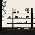 Wooden Shelving Unit in Modern Living Space with Books Teapot Decorative Items and Potted Plant