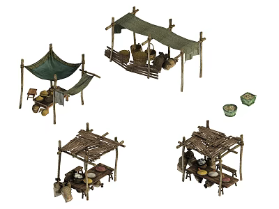 Traditional Handmade Market Stalls With Wooden Frames Cloth Covers And Ceramic Pots 3d model