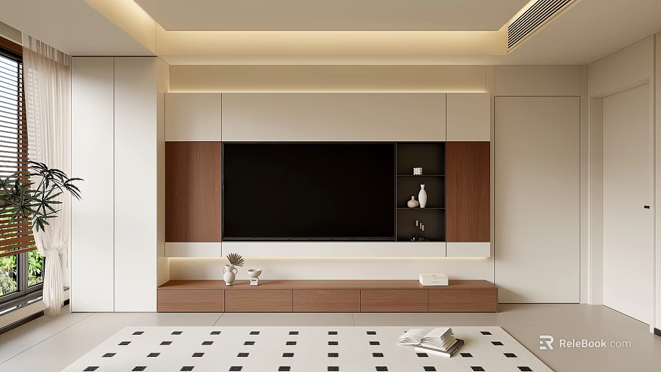 Modern TV Wall Unit With Built-in TV White Brown Panels Drawer Storage And Decor 3d model 