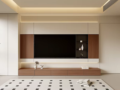 Modern TV Wall Unit With Built-in TV White Brown Panels Drawer Storage And Decor 3d model