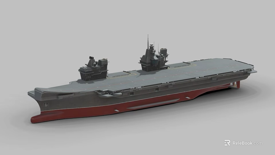 Detailed Aircraft Carrier Model With Gray Flight Deck And Red Hull Structures 3d model 
