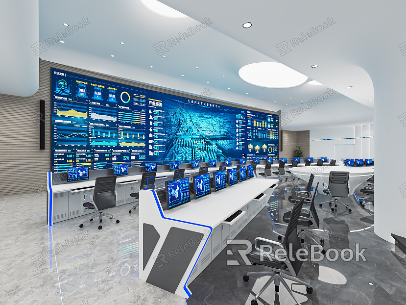 Modern monitoring room Command control room Dispatching command center Monitoring hall Command hall Office desks and chairs model