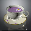 Decorative Teacup And Saucer With Purple Liquid White Daisy And Purple Flowers