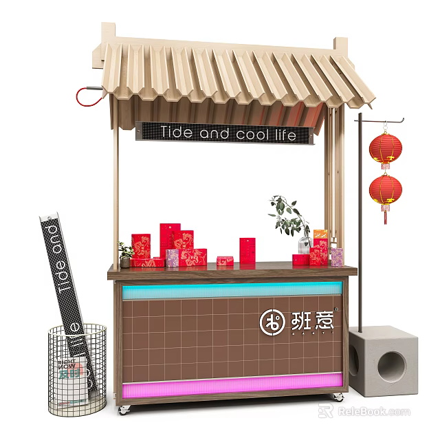 Mobile Functional Vending Vehicle With Awning Red Lanterns Red Boxes And Fashionable Cool Life 3d model 