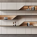 Minimalist Modern Beige Bookshelf With Open Layered Design And Decorative Ornaments