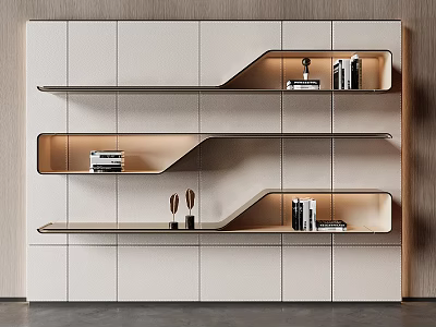 Minimalist Modern Beige Bookshelf With Open Layered Design And Decorative Ornaments 3d model