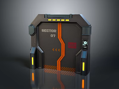 Sci Fi Sector 07 Door Design With Black Frame Orange Accents And Skull Logo 3d model