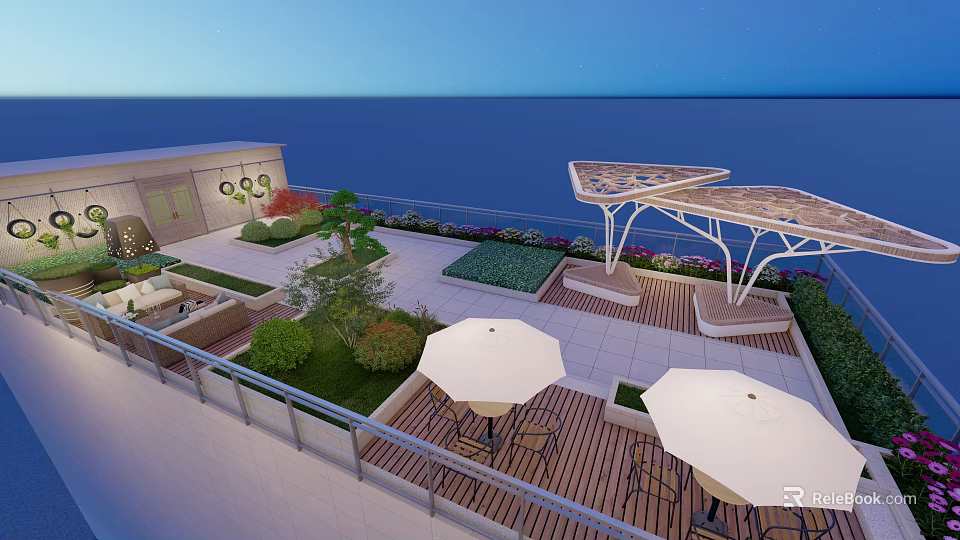 Rooftop Garden With Outdoor Seating Umbrellas Green Plants And Wooden Deck 3d model 