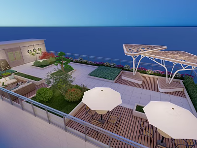 Rooftop Garden With Outdoor Seating Umbrellas Green Plants And Wooden Deck 3d model