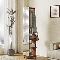 Wooden Clothes Rack With Hanging Clothes Bag And Potted Plant Near Window Blinds
