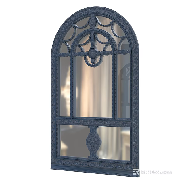 Ornate Arched Dark Blue Mirror With Intricate Carvings And Paneled Design 3d model 