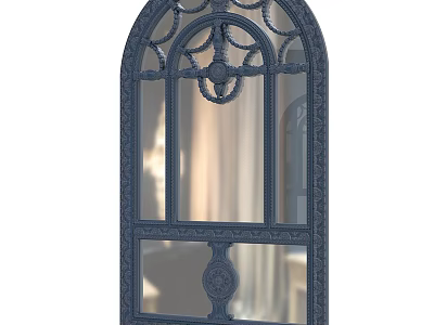 Ornate Arched Dark Blue Mirror With Intricate Carvings And Paneled Design 3d model
