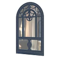 Ornate Arched Dark Blue Mirror With Intricate Carvings And Paneled Design