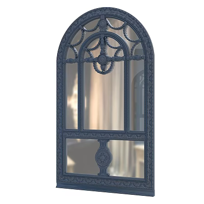 Ornate Arched Dark Blue Mirror With Intricate Carvings And Paneled Design 3d model