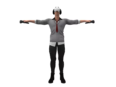 Man in Gray Sweater Red Tie Wearing VR Headset Holding Controllers with Arms Outstretched 3d model