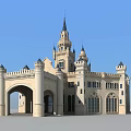 Historic European Style Ancient Architecture with Spires Blue Roof Arched Doorway and Windows