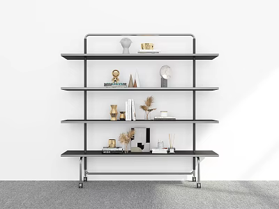 Modern Bookshelf With Multiple Shelves And Decorative Items Including Books And Sculptures 3d model