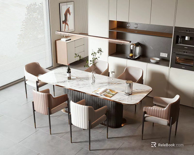 Modern Dining Table And Chairs Set With Marble Top In Kitchen Dining Area With Cabinets 3d model 