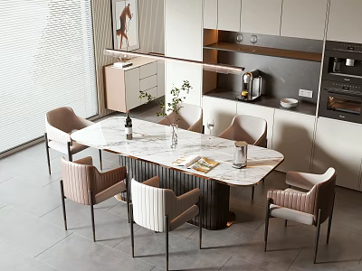 Modern Dining Table And Chairs Set With Marble Top In Kitchen Dining Area With Cabinets 3d model