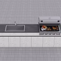 Practical Functional Kitchen Counter With Sink Grill Black Countertop And White Cabinets 3d model