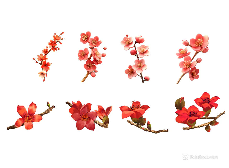 Botanical Paintings of Red Pink Flower Branches for Decorative Art Pieces 3d model 