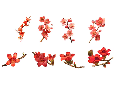 Botanical Paintings of Red Pink Flower Branches for Decorative Art Pieces 3d model