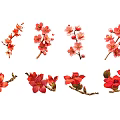 Botanical Paintings of Red Pink Flower Branches for Decorative Art Pieces