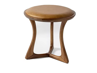 Modern Wooden Stool With Brown Leather Seat And Curved Legs Design 3d model