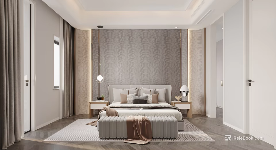 Modern Bedroom Interior Design With Textured Wall Gold Accents Nightstands Table Lamps And Bench 3d model 