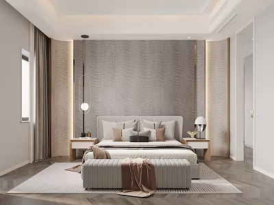 Modern Bedroom Interior Design With Textured Wall Gold Accents Nightstands Table Lamps And Bench 3d model