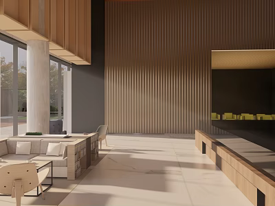 Modern Sales Office Interior Design With Wooden Wall Sofa Marble Floor And Large Windows 3d model