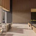 Modern Sales Office Interior Design With Wooden Wall Sofa Marble Floor And Large Windows