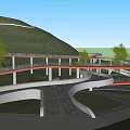 Park Landscape with Curved Paved Walkways Orange Bridges Green Lawns and Trees