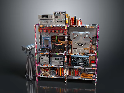 Household Items On Colorful Multi Layer Shelf With Vintage Radios Cassettes Calculators And Table Lamp 3d model