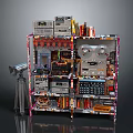 Household Items On Colorful Multi Layer Shelf With Vintage Radios Cassettes Calculators And Table Lamp