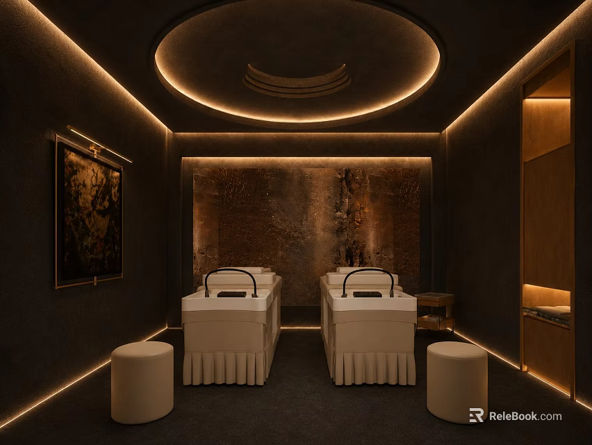 Modern Beauty Salon Interior Design With White Beauty Beds Ambient Lighting And Textured Brown Wall 3d model 