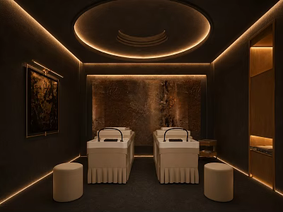 Modern Beauty Salon Interior Design With White Beauty Beds Ambient Lighting And Textured Brown Wall 3d model