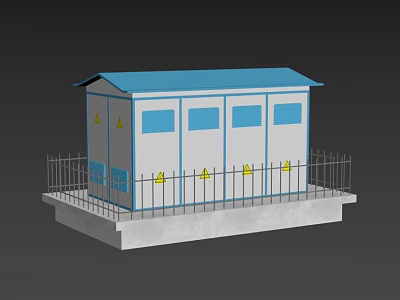 Industrial Equipment Unit With Blue Roof Metal Fence Blue Windows And Yellow Signs 3d model