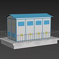 Industrial Equipment Unit With Blue Roof Metal Fence Blue Windows And Yellow Signs