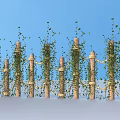 Row of Garden Decorative Pillars Wrapped in Green Vines Neatly Arranged On Light Blue Background